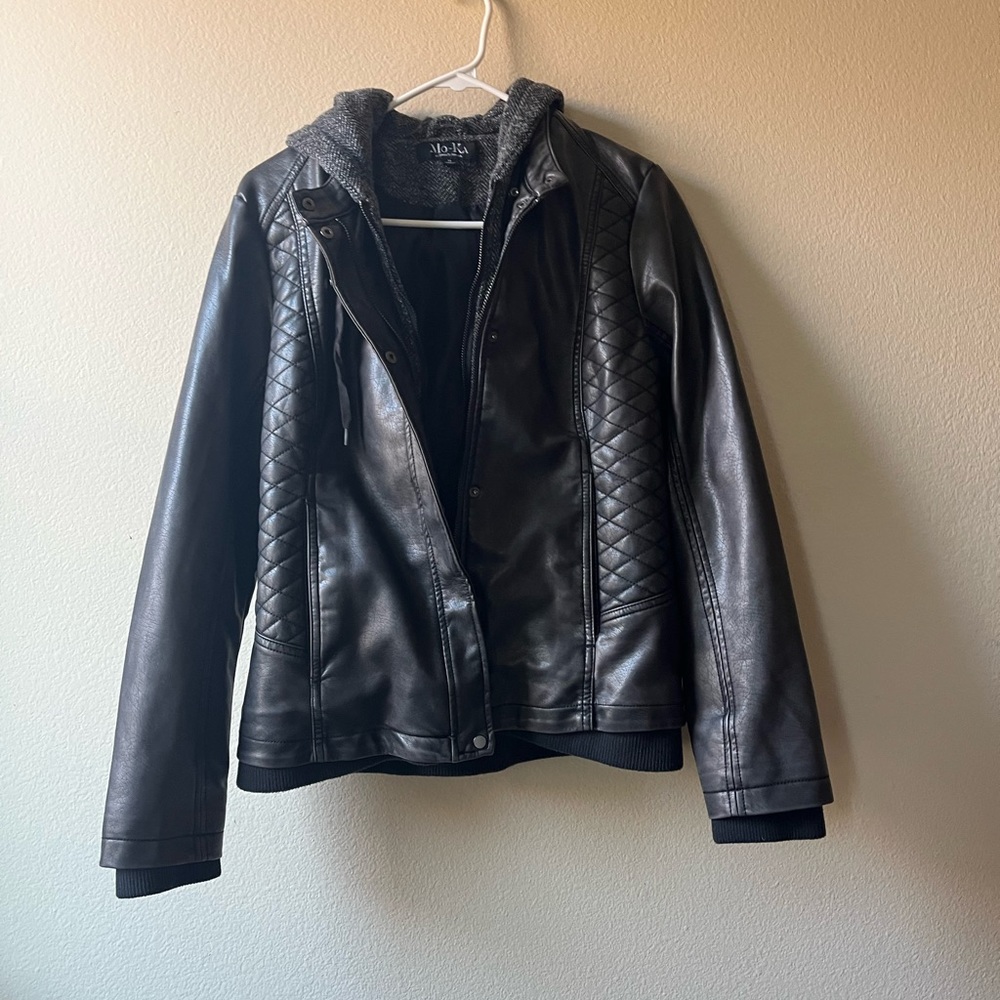 Leather Jacket with a Built in Hoodie in black